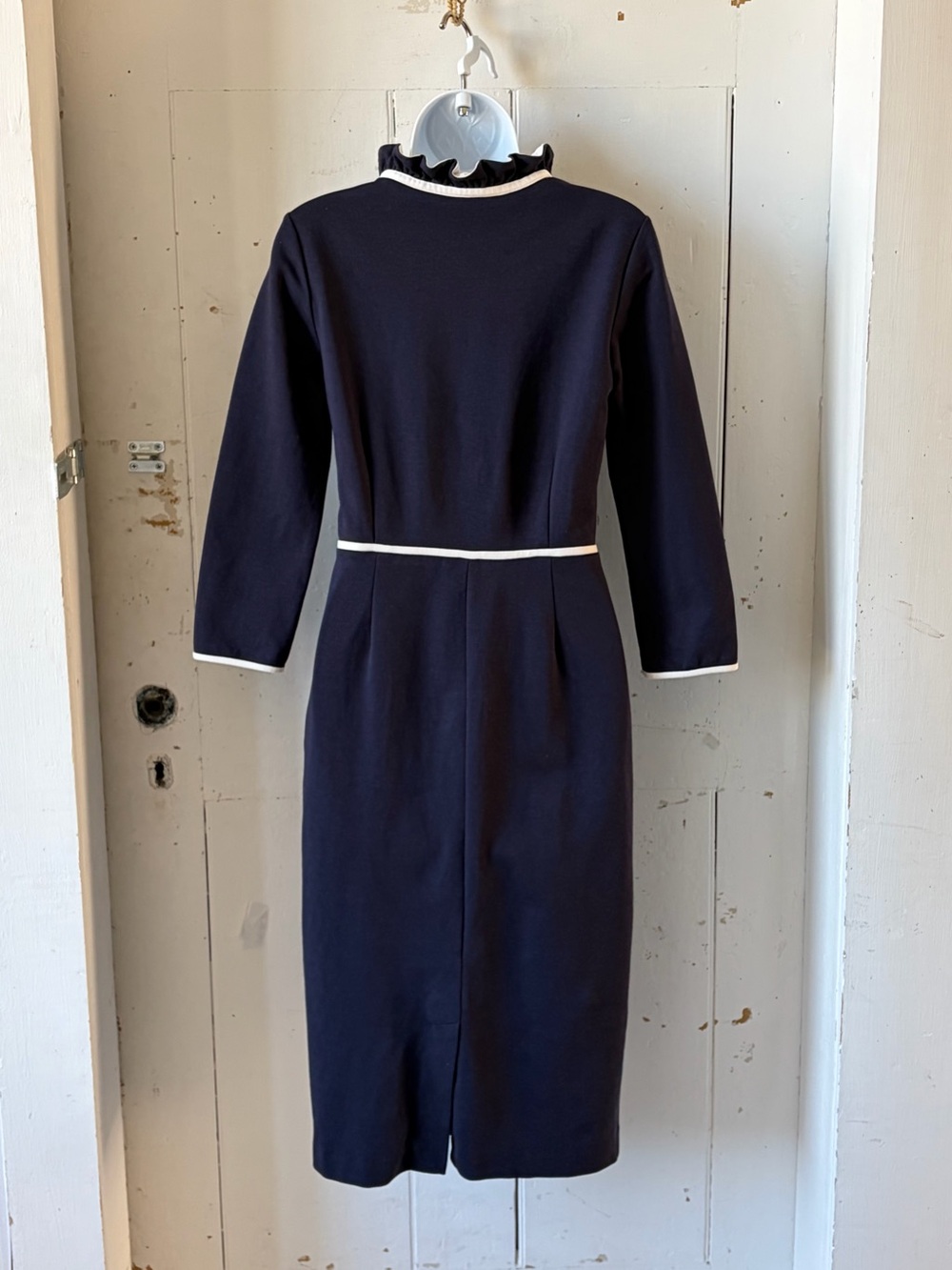 Boden Navy Layla Sheath Dress with Cream Trim and Tie Neck - Picture 2 of 14